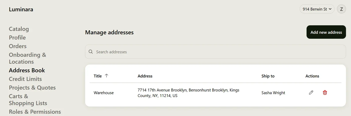 Manage addresses page in the customer account