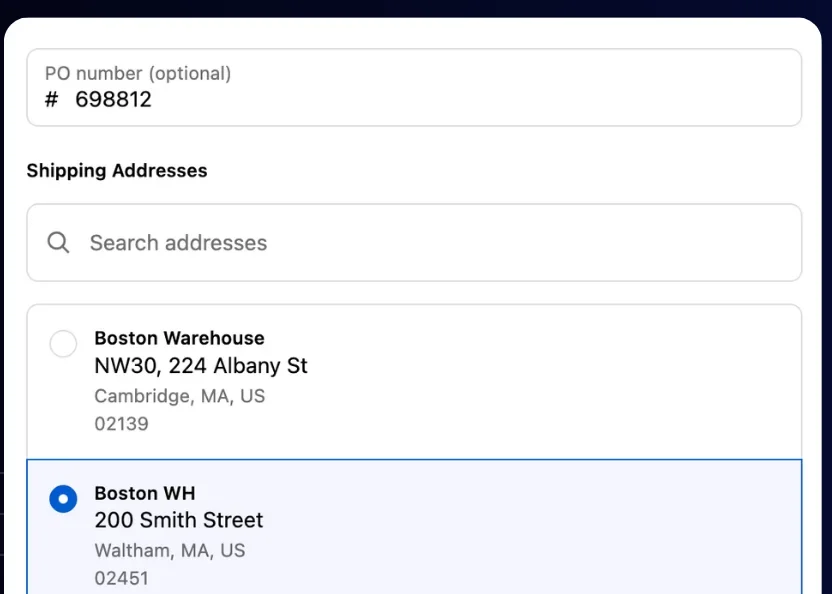 Checkout address picker listing saved company addresses