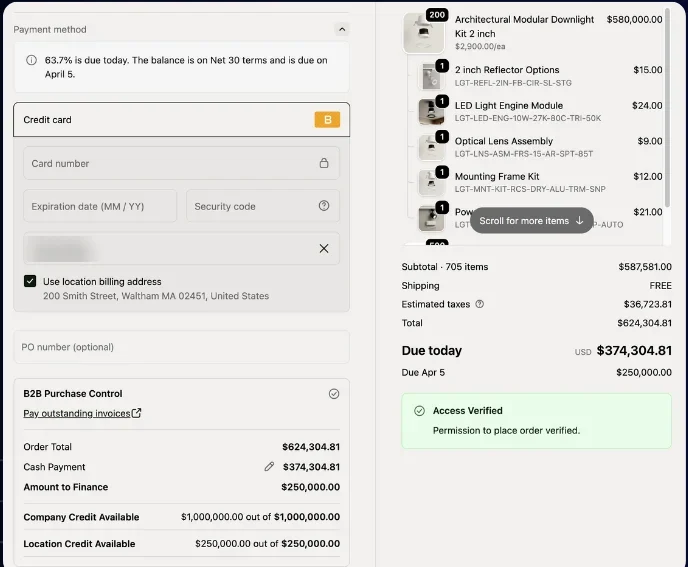 Checkout with a B2B purchase-control block showing cash payment, amount to finance and available company and location credit