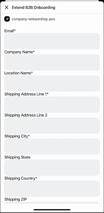 Company registration form opened from a Shopify POS tile