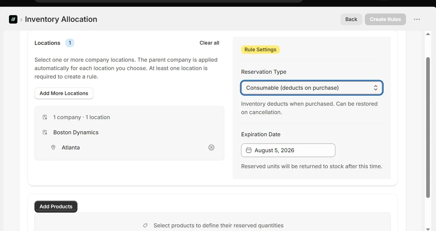 Inventory Allocation form with company location, reservation type and expiration date