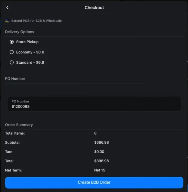 POS checkout with delivery options, a PO number field and a net-terms order summary