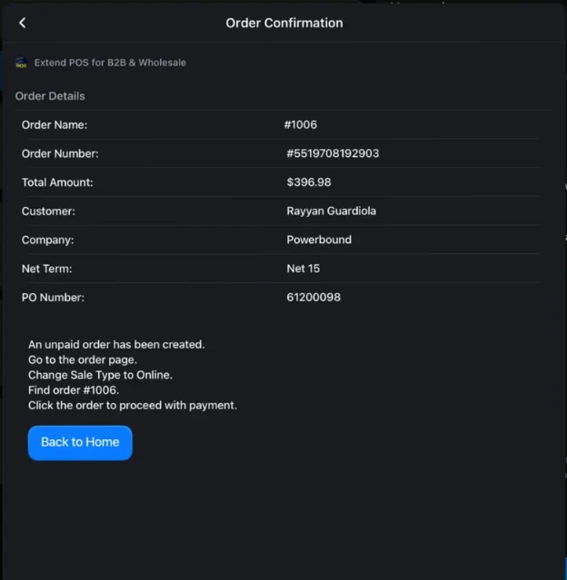 Order confirmation in POS showing company, net terms and PO number