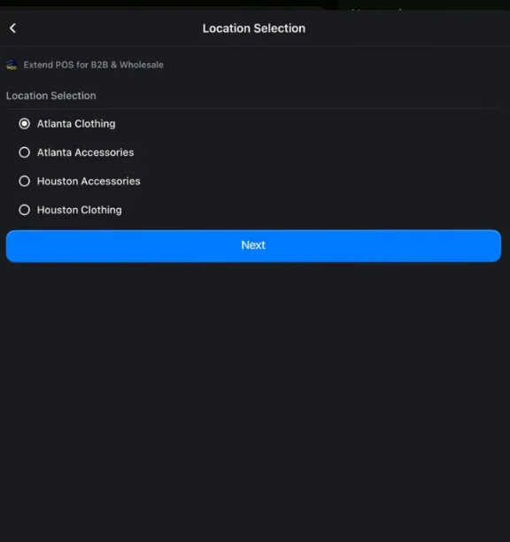 Location Selection screen in Shopify POS listing four company locations