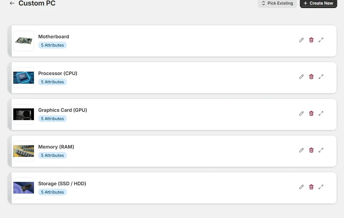 Admin list of parts for a configurable product, each with attributes