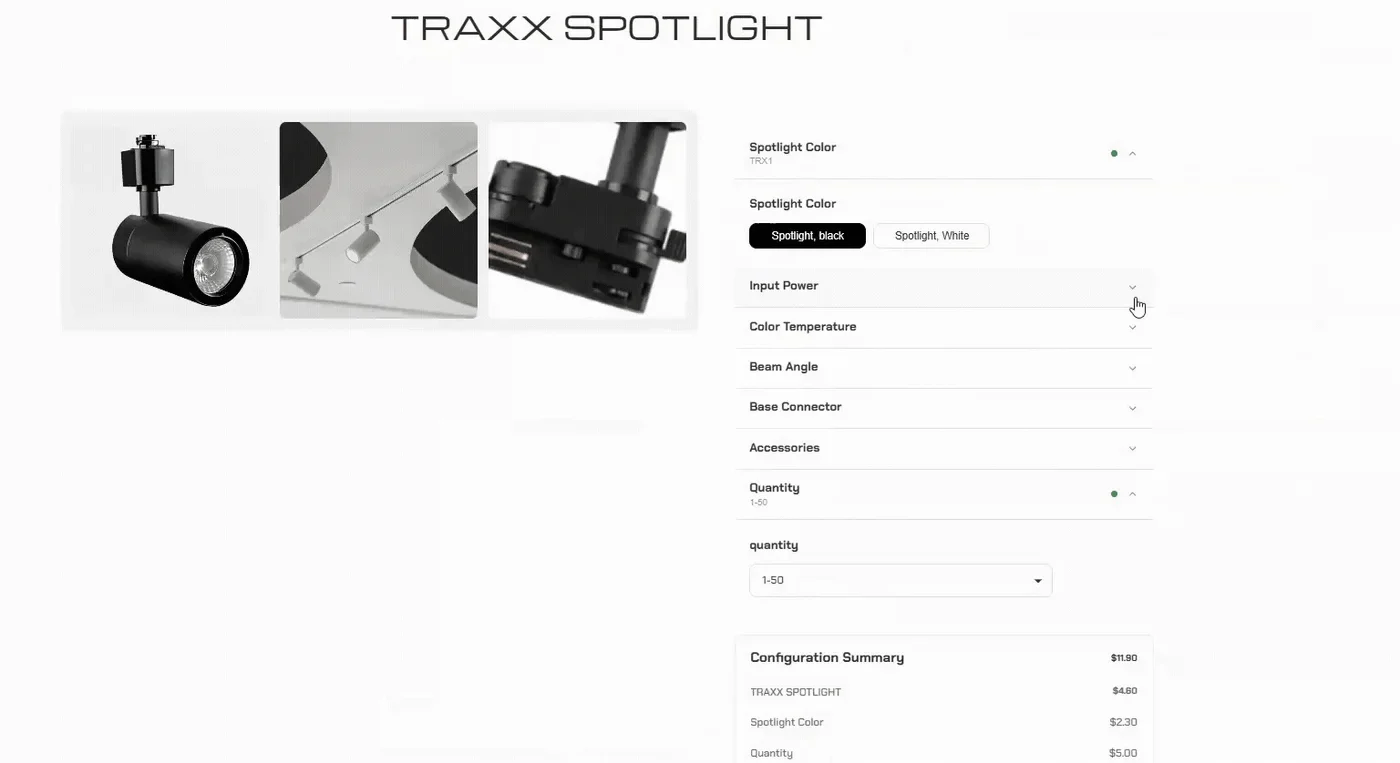 Storefront product page for a spotlight with option selectors and a configuration summary