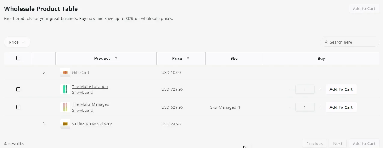 Wholesale product table with price filter, search and add-to-cart per row