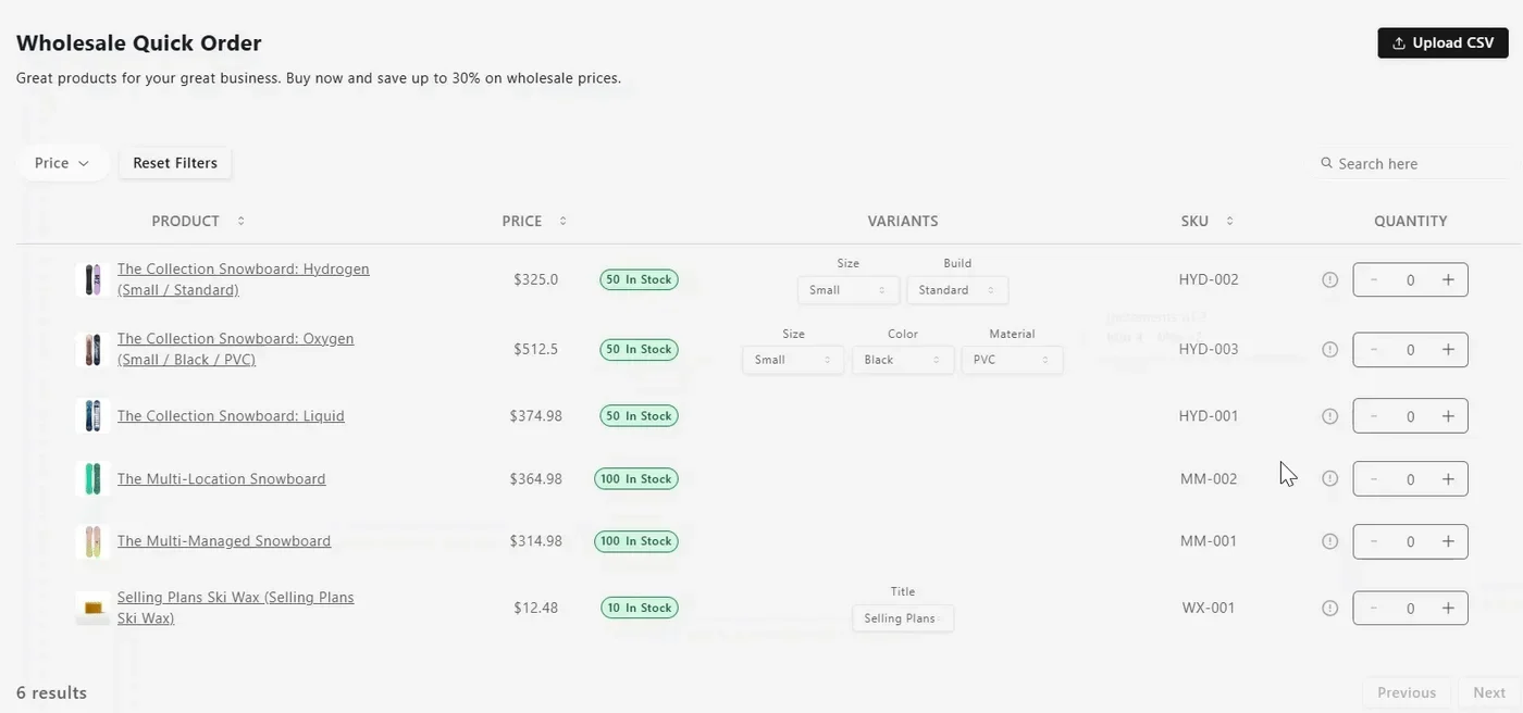 Quick order table with variant selectors, stock badges and quantity steppers