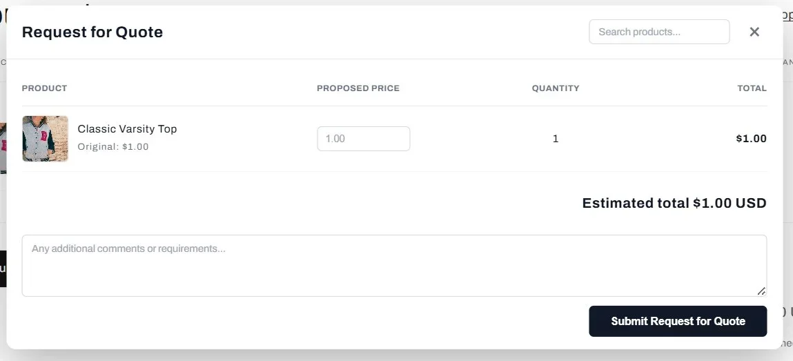 Request for Quote dialog with a proposed price per line and a comments box