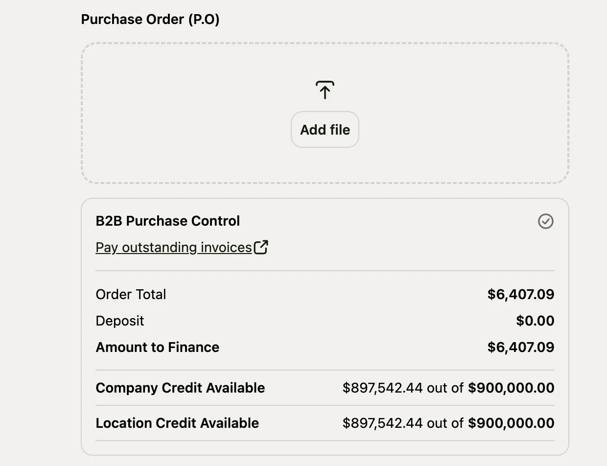 Checkout with a purchase order upload and the B2B Purchase Control block: order total, deposit, amount to finance, and available company and location credit
