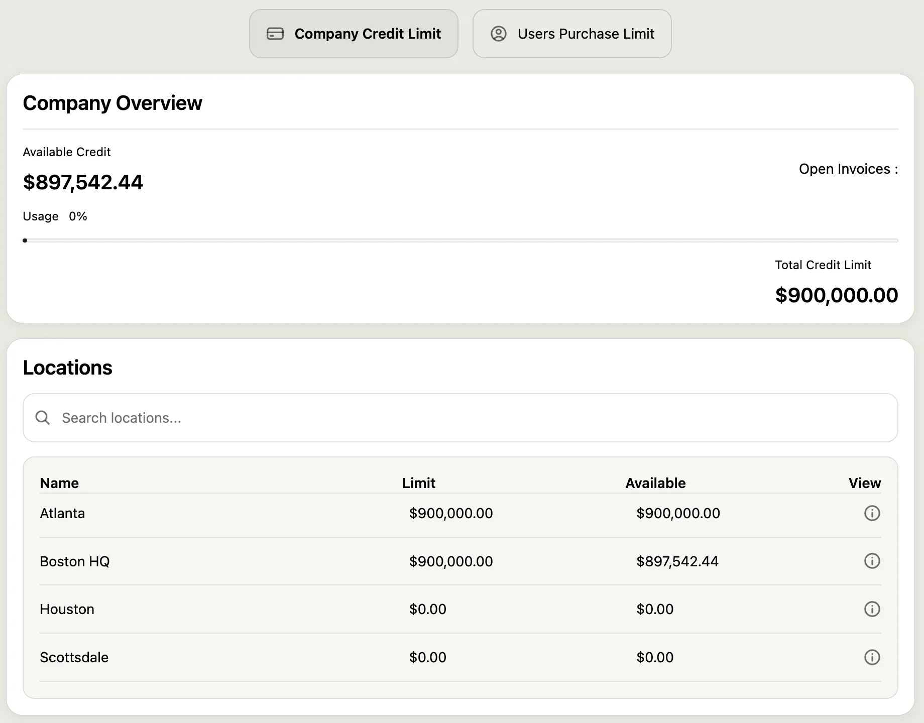 Customer account view of company credit with per-location limits