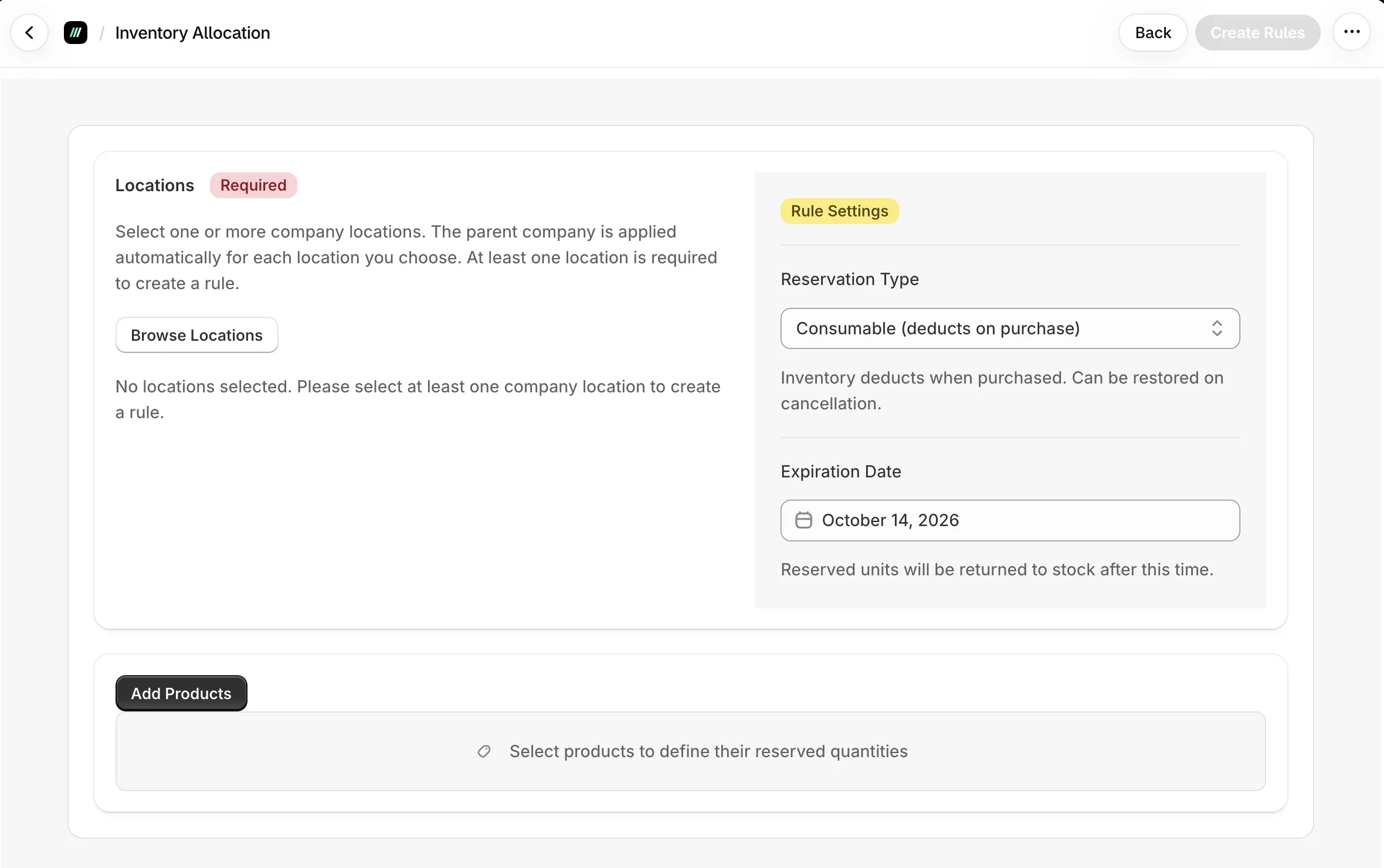 Inventory Allocation form with company location, reservation type and expiration date