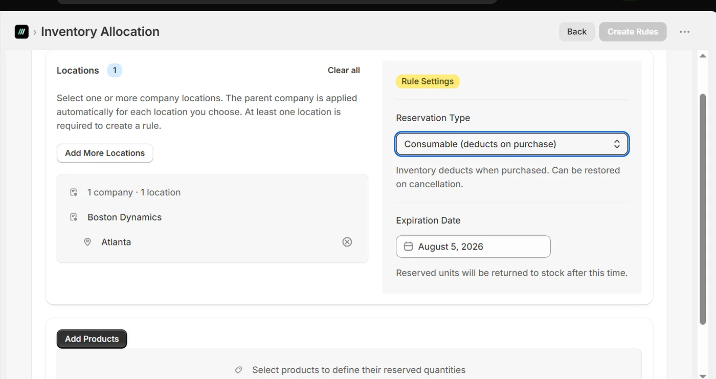 Inventory Allocation form with company location, reservation type and expiration date